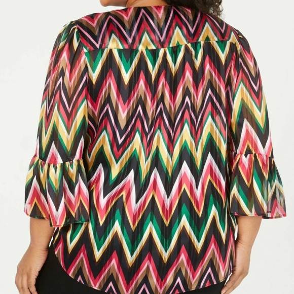 INC Women's Colorful Chevron Surplice Neck Bell Sleeve Top Plus Sizes 2X/3X - Picture 9 of 15